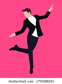 Un hombre con traje bailando solo y saltando