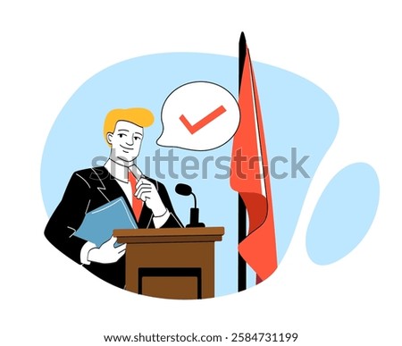 Man in suit delivering speech at podium with microphone, holding documents, next to flag, on blue abstract background, concept of leadership