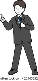 A man in a suit doing a guide pose