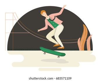 Man in suit doing a skateboard trick in a skate park