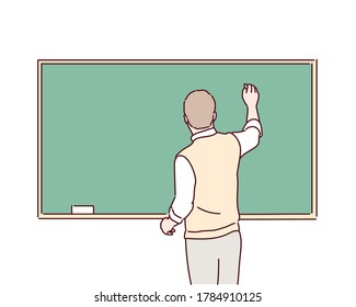 Man in suit drawing something on chalkboard. Hand drawn style vector design illustrations.