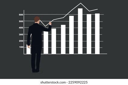 A man in a suit draws a chart on a blackboard. Vector concept for business. Idea for a presentation. Businessman talks about economics.
