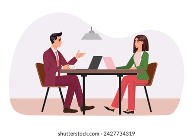 Man in a suit enjoys a coffee break while engaging in a discussion with a woman working diligently on her laptop. Business, colleges, team, work, office concept illustration 