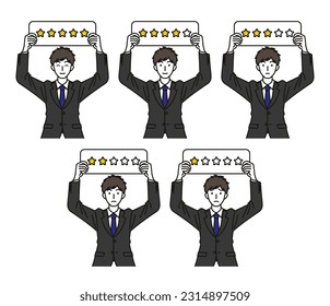 A man in a suit with an evaluation tag