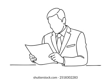 Man in a suit examines a piece of paper continuous black line art isolated flat vector illustration on white background