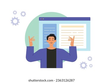 Man in suit explaining blogger content, advertising strategy while writing. Character design. Vector flat illustration