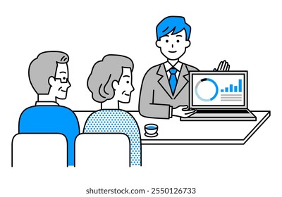 Man in a suit explaining something to an elderly couple using a computer