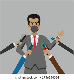 Man in a suit with face mask & vector reports & talks to the microphones about his Business. Reporters holding mic and covering it with protective material due to covid 19 vector illustration
