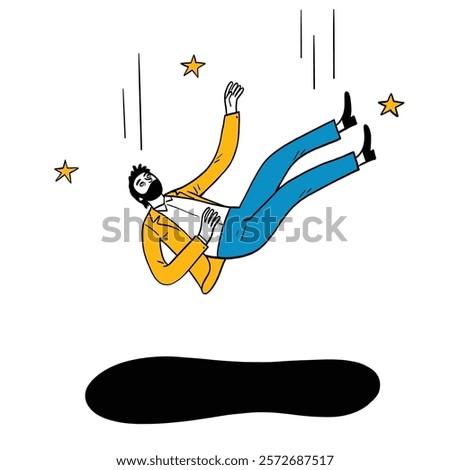 A man in a suit falling, possibly through some kind of vortex or void, indicated by the black shape at the bottom. He appears calm and composed despite the descent, with stars surrounding him