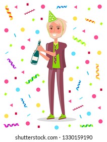 Man in suit and festive cap, with bottle of champagne in hands celebrate birthday party. Vector male cartoon character on background of bursting confetti