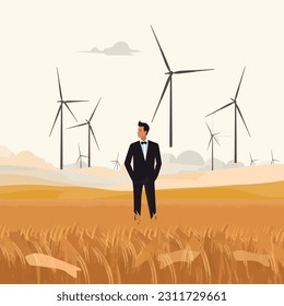 Man in a suit in field of wind turbines vector isolated