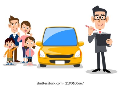 A man in a suit to fill out documents, a car and a family