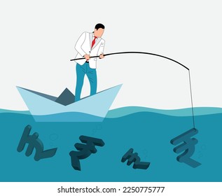 Man in a suit fishing rupee on a boat.