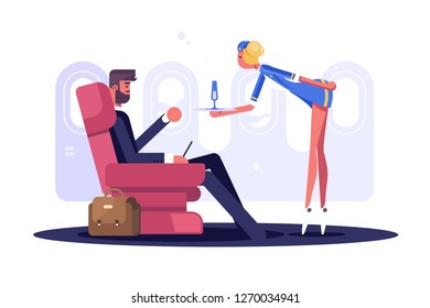 Man In Suit Flying On Plane In Business Class. Stewardess Proposing Drinks To Young Man With Briefcase Vector Illustration. First Class Plane Sit And Comfort Flat Style Concept