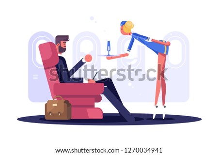 Man in suit flying on plane in business class. Stewardess proposing drinks to young man with briefcase vector illustration. First class plane sit and comfort flat style concept