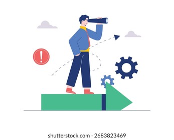 Hombre en traje de foco mirando a través de binoculares, observando estratégicamente el desarrollo empresarial. Diseño de personajes. Ilustración plana de Vector