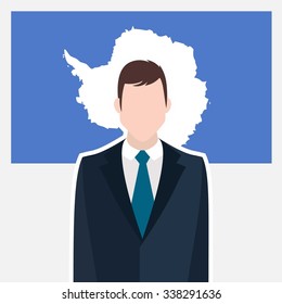 Man in suit Front of Antarctica Country Flag. business man Presentation conference concept. Modern flat design vector illustration. Country Flag background
