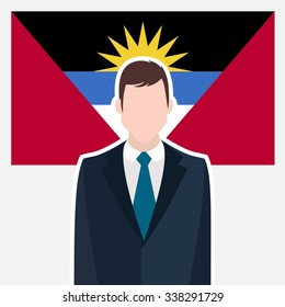 Man in suit Front of Antigua and Barbuda Country Flag. business man Presentation conference concept. Modern flat design vector illustration. Country Flag background