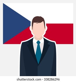 Man in suit Front of Czech Republic Country Flag. business man Presentation conference concept. Modern flat design vector illustration. Country Flag background