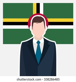 Man in suit Front of Dominica Country Flag. business man Presentation conference concept. Modern flat design vector illustration. Country Flag background