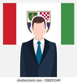 Man in suit Front of Federation Bosnia and Herzegovina Country Flag. business man Presentation conference concept. Modern flat design vector illustration. Country Flag background