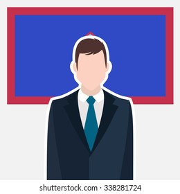 Man in suit Front of Guam Country Flag. business man Presentation conference concept. Modern flat design vector illustration. Country Flag background