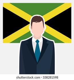 Man in suit Front of Jamaica Country Flag. business man Presentation conference concept. Modern flat design vector illustration. Country Flag background