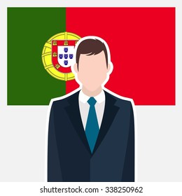 Man in suit Front of Portugal Country Flag. business man Presentation conference concept. Modern flat design vector illustration. Country Flag background