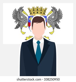 Man in suit Front of Saint Barthélemy Country Flag. business man Presentation conference concept. Modern flat design vector illustration. Country Flag background