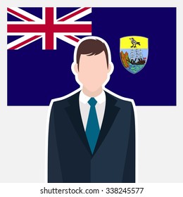 Man in suit Front of Saint Helena Country Flag. business man Presentation conference concept. Modern flat design vector illustration. Country Flag background