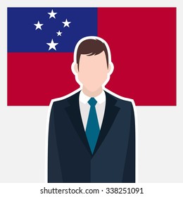 Man in suit Front of Samoa Country Flag. business man Presentation conference concept. Modern flat design vector illustration. Country Flag background