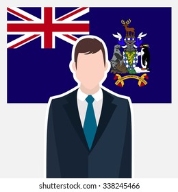 Man in suit Front of South Georgia Country Flag. business man Presentation conference concept. Modern flat design vector illustration. Country Flag background