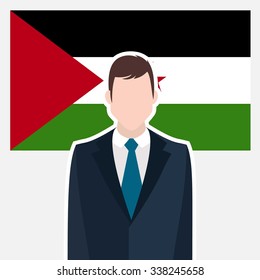 Man in suit Front of Western Sahara Country Flag. business man Presentation conference concept. Modern flat design vector illustration. Country Flag background