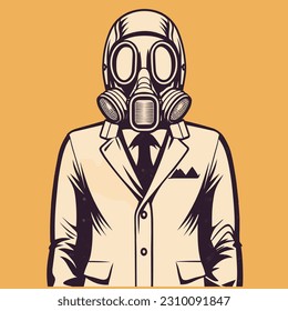 A man in a suit with a gas mask, in the style of light yellow, nostalgic illustration, bronzepunk, bold graphic illustrations, scientific illustrations, contrasting tones