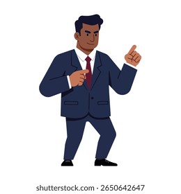 A man in a suit gestures with his hands, pointing upwards and towards himself. He has a serious expression.