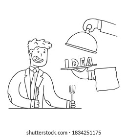A man in a suit gets an idea on a platter, vector illustration. Creation of creative ideas to order