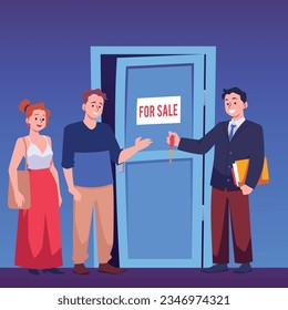 Man in suit giving house key to smiling young couple flat style, vector illustration. Door with for sale sign, happy emotional man and woman, property purchase, realtor work