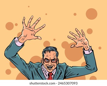 A man in a suit and glasses makes an exciting offer. Amazing discounts on goods and services. Ominous boss image. Pop Art Retro Vector Illustration Kitsch Vintage 50s 60s Style