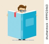 Man in suit and glasses stands with large book or diary. Accountant, lawyer, employee, clerk. Vector, illustration, flat