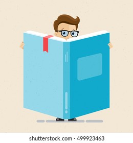 Man in suit and glasses stands with large book or diary. Accountant, lawyer, employee, clerk. Vector, illustration, flat