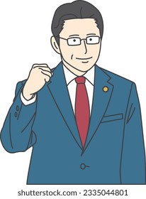 A man in a suit with glasses wearing a badge on his chest raises his fist which the man clenches.