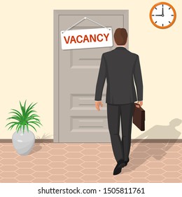 The man in the suit goes for an interview. A businessman gets a job. Work vacancy. Concept of employment. Vector illustration in a flat style.