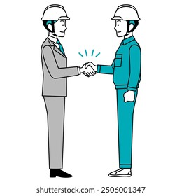 Man in a suit and a man in green work clothes shaking hands full-body