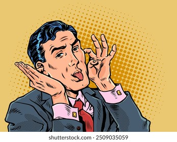 A man in a suit grimaces and sticks out his tongue. Making fun of colleagues in the company. Irresponsible worker at work. Pop Art Retro Vector Illustration Kitsch Vintage 50s 60s Style