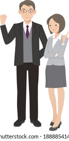 A man in a suit and a guts pose and a woman pointing a finger