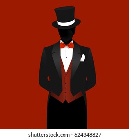 Man in suit, hands behind back, top hat, red background