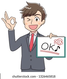 A man in a suit has an sign board. It is written as OK.