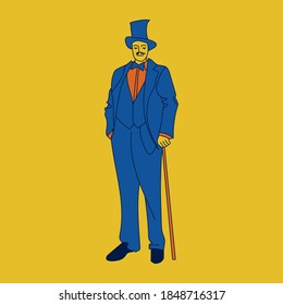 man in suit and hat with mustache and cane illustration 