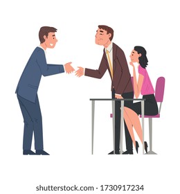Man in Suit Having Job Interview, HR Specialists Talking with Candidate, Business Meeting, Recruitment and Employment Process Vector Illustration