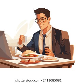 A man in a suit is having lunch and checking his laptop in this vector illustration.